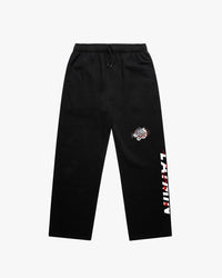 Black pants with a tiger design and LAYMIN logo