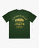 Green t-shirt with yellow graphic and text