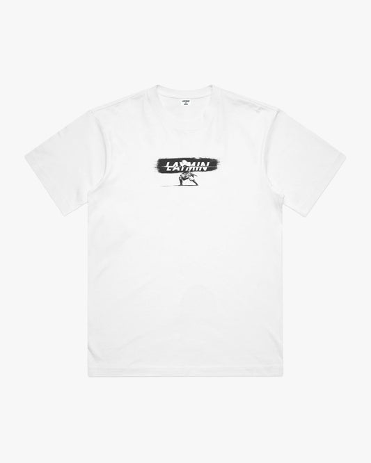 White t-shirt with 'LAYMIN' logo graphic